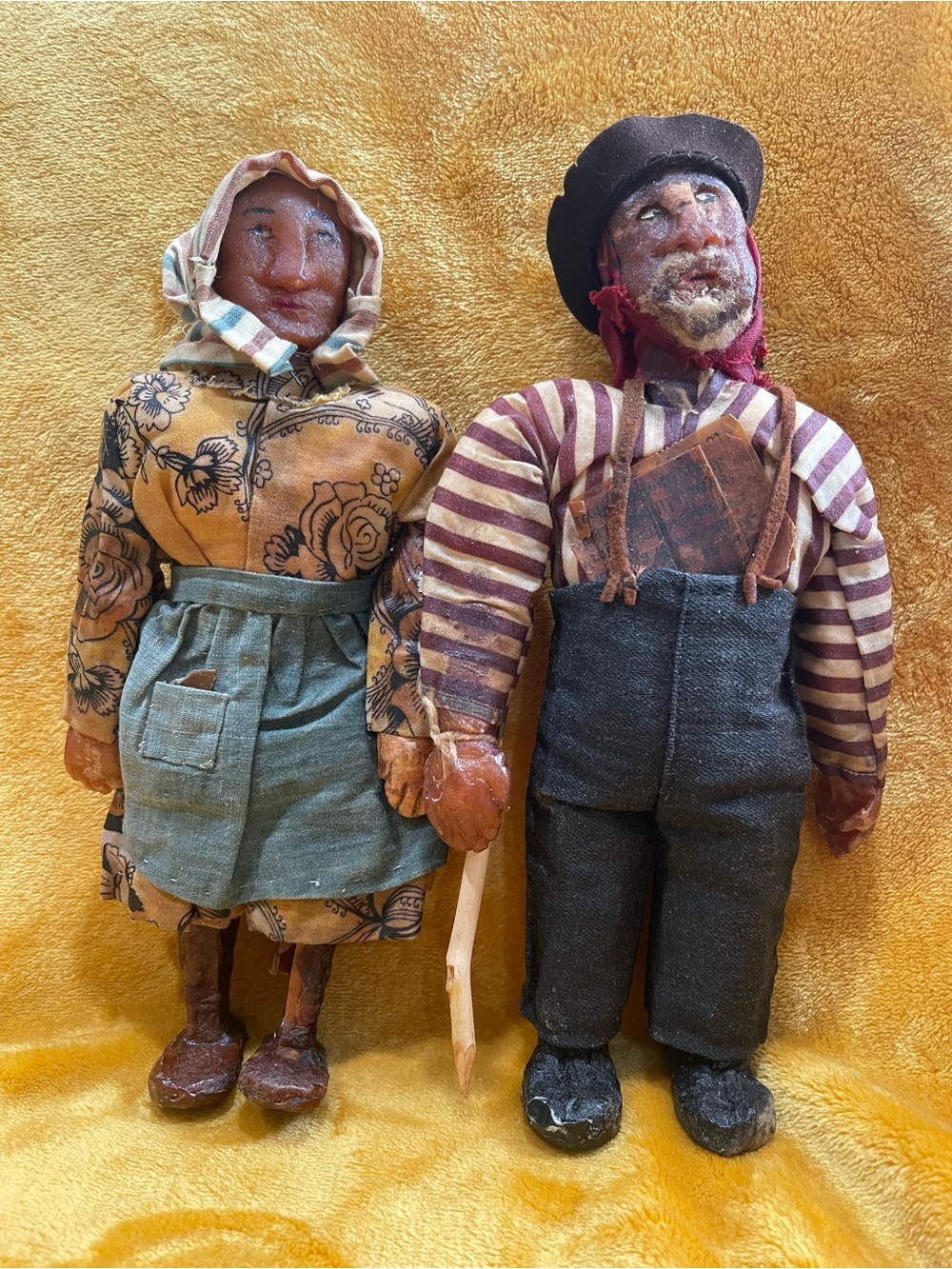 VERY RARE Antique Wax and wood Man & Woman Dolls. 10 Inches Tall. Unique Pieces.
